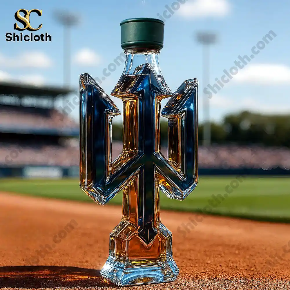 A trident shaped liquor bottle with a green cap on a baseball field.