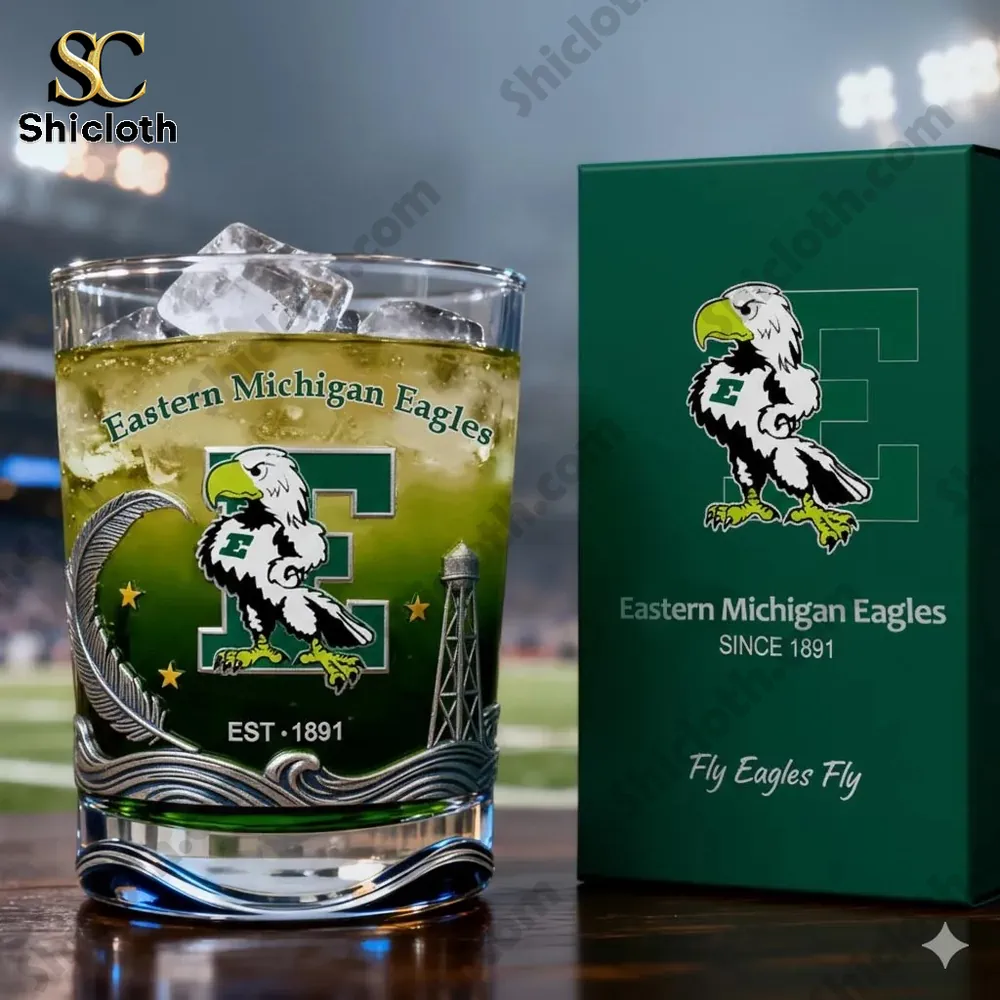 Eastern Michigan Eagles whiskey glass with ice and green gift box!