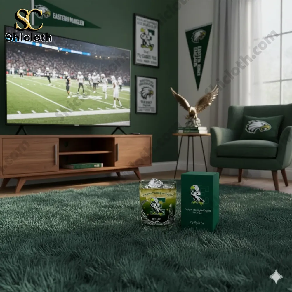Eastern Michigan Eagles whiskey glass in a green fan living room!