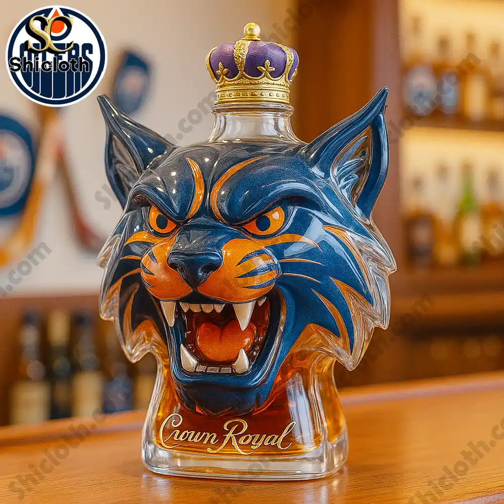 Edmonton Oilers Mascot Hunter Christmas Gift Whiskey Bottle 3 A Crown Royal bottle with a blue orange mascot head and a crown shaped cap.