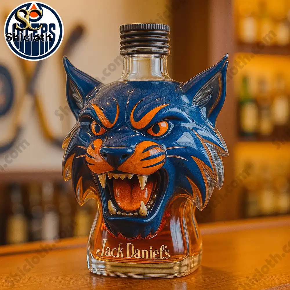Edmonton Oilers Mascot Hunter Christmas Gift Whiskey Bottle 4 A Jack Daniels bottle redesigned with a blue orange mascot head.