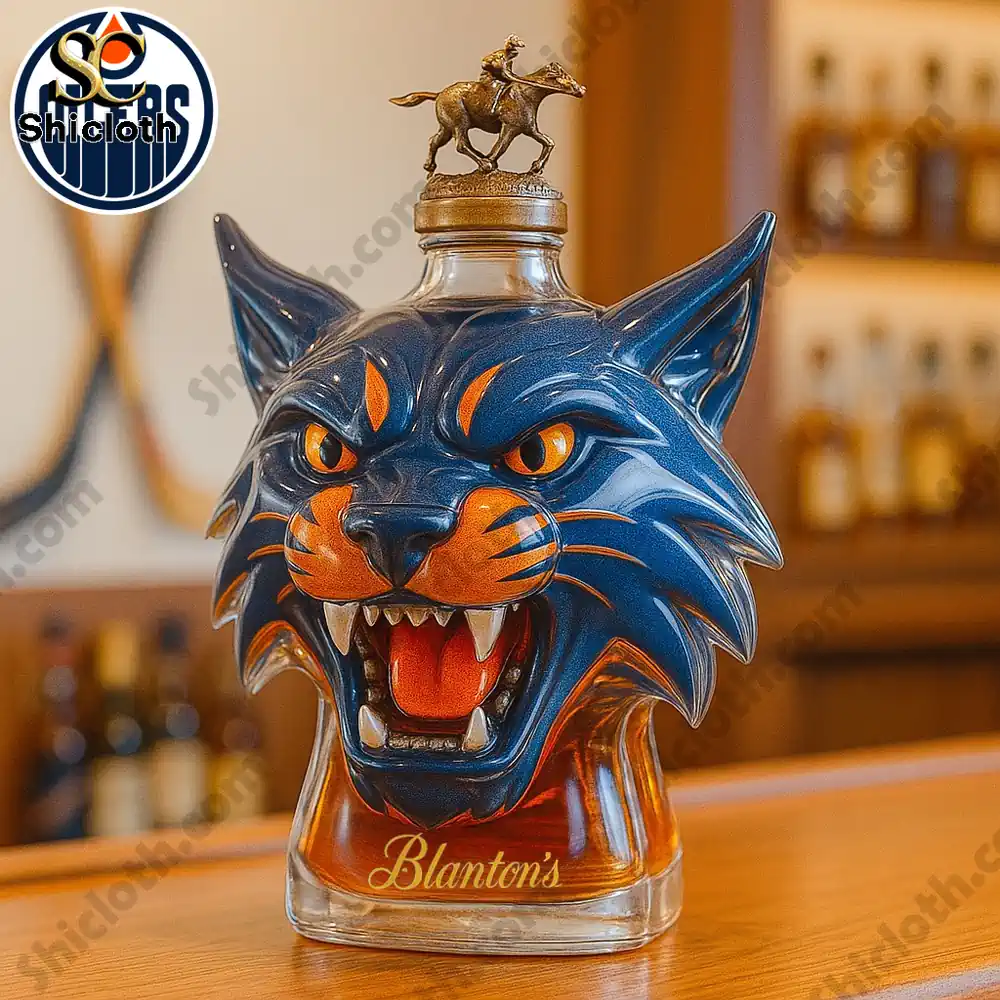 Edmonton Oilers Mascot Hunter Christmas Gift Whiskey Bottle 7 A Blantons bottle with a blue orange mascot head and a horse rider cap.