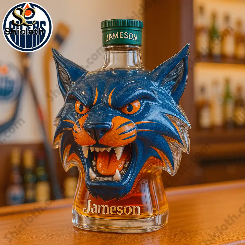 Edmonton Oilers Mascot Hunter Christmas Gift Whiskey Bottle 8 A Jameson bottle redesigned with a blue orange mascot head.