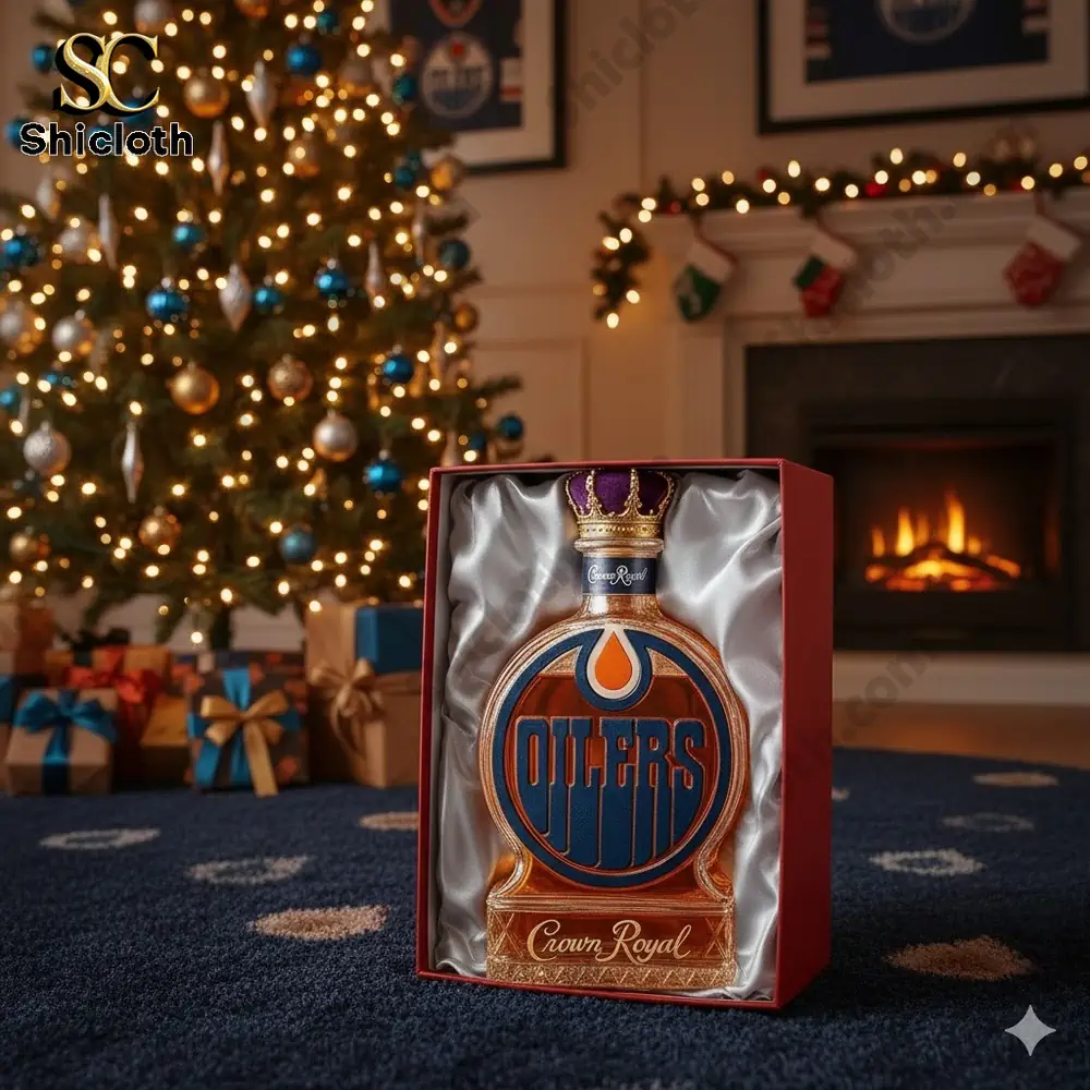 A decorative Edmonton Oilers themed Crown Royal style bottle displayed in a holiday setting.