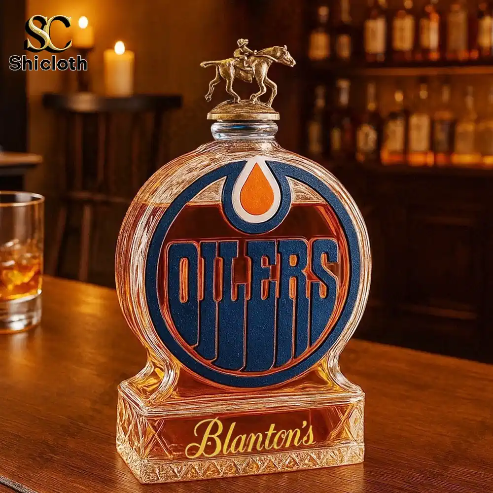 Edmonton Oilers Christmas Gift Whiskey Bottle 6 An Edmonton Oilers themed Blantons style bottle topped with a horse figure.