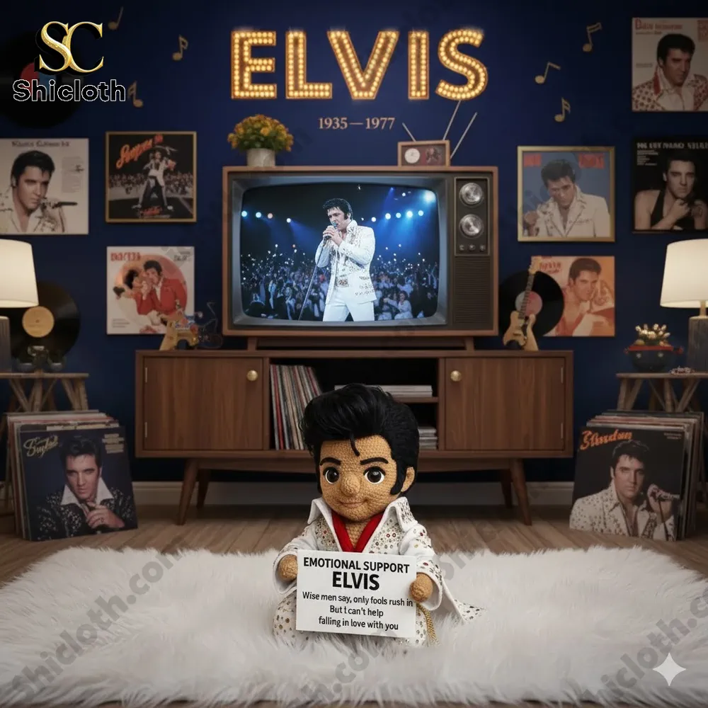 Crocheted Elvis doll holding emotional support sign in music themed room!
