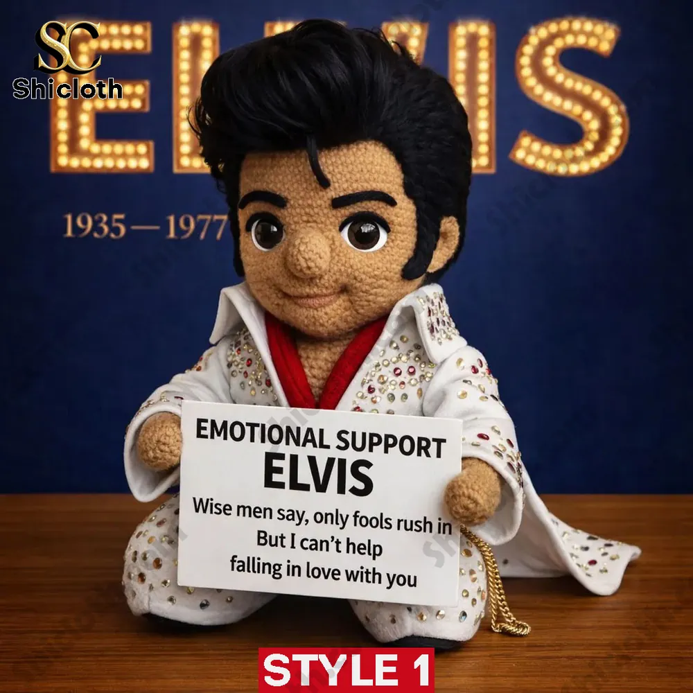 Close up crocheted Elvis doll with emotional support message!