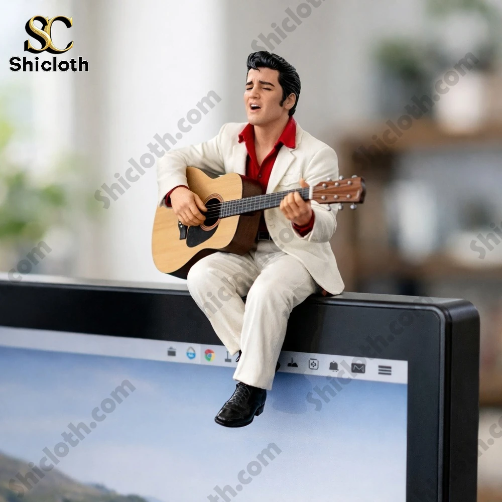 This image features a Shicloth Elvis inspired resin figurine playing guitar capturing classic charisma rhythm and timeless stage presence!