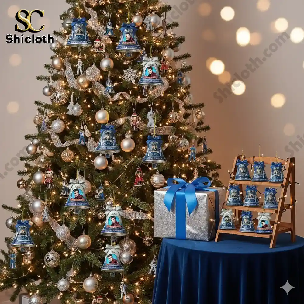 Christmas tree decorated with multiple Elvis Presley themed bell ornaments!