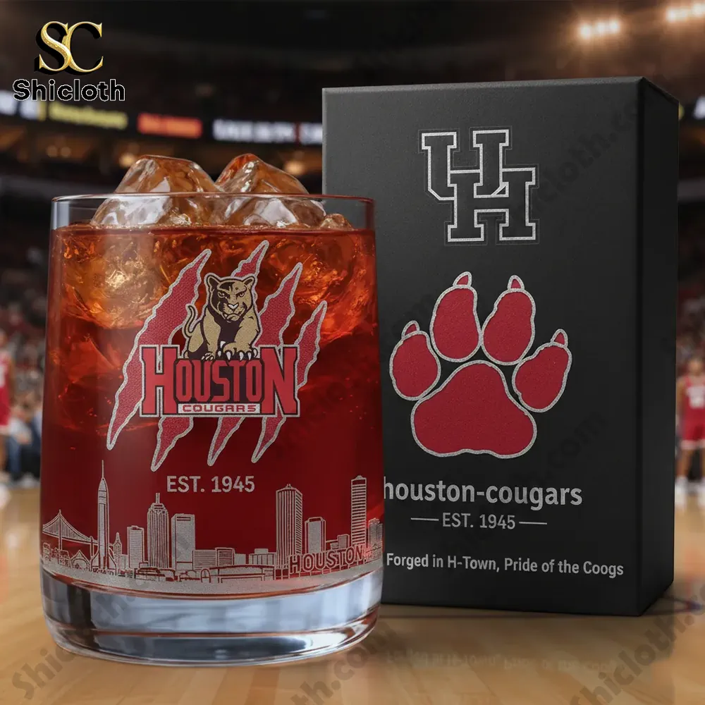 Houston Cougars glass with iced drink and branded box on basketball court.