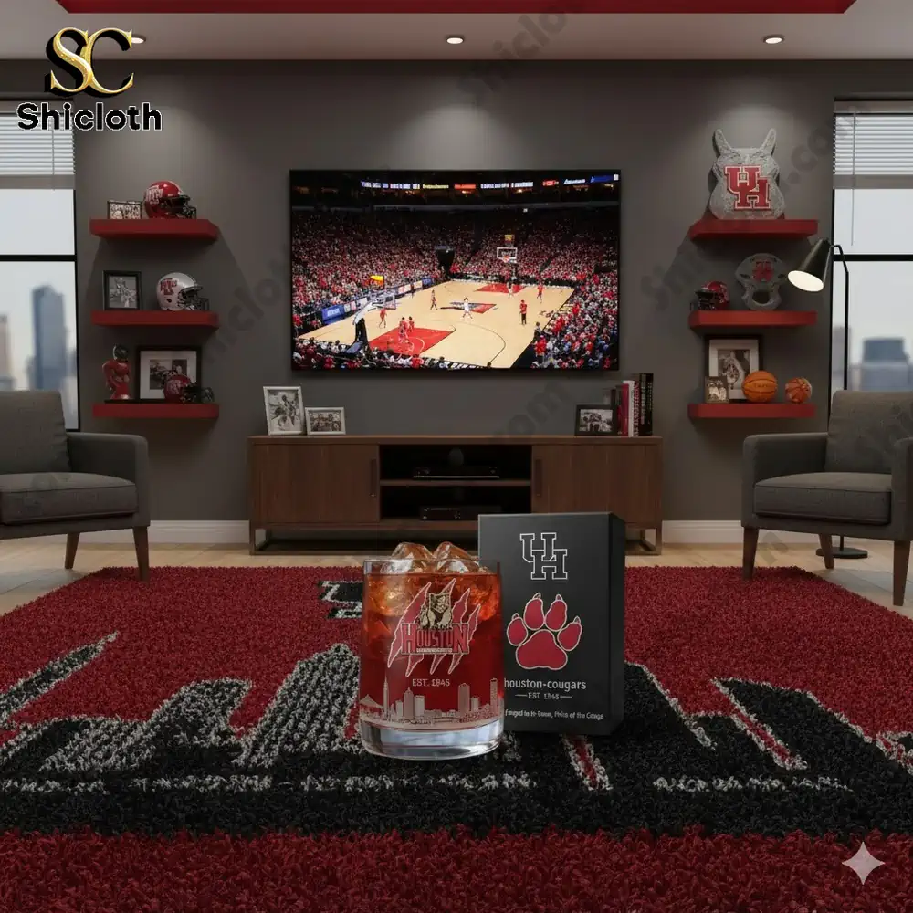 Houston Cougars glass displayed in a sports themed living room.
