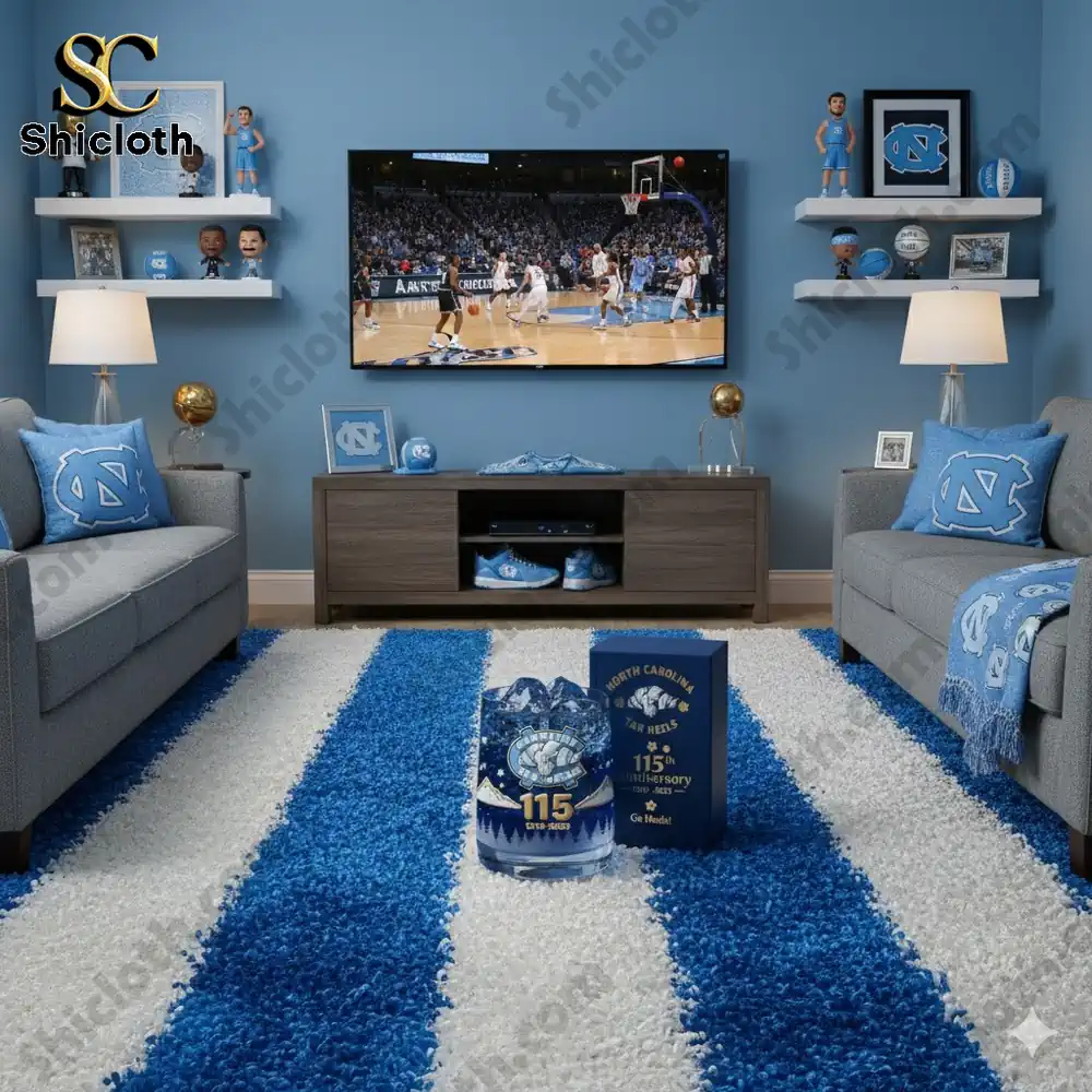 North Carolina Tar Heels themed living room with anniversary glass display!