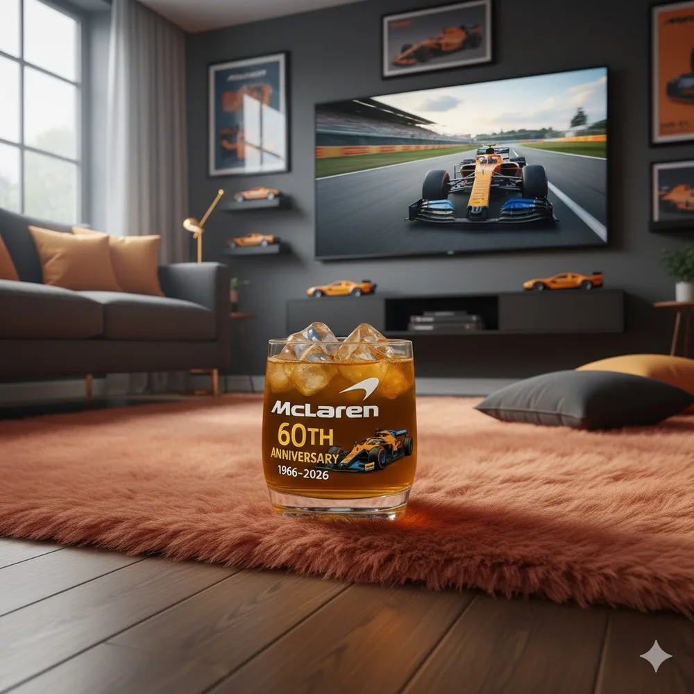 A McLaren sixtieth anniversary glass with ice placed on a rug in a modern living room!