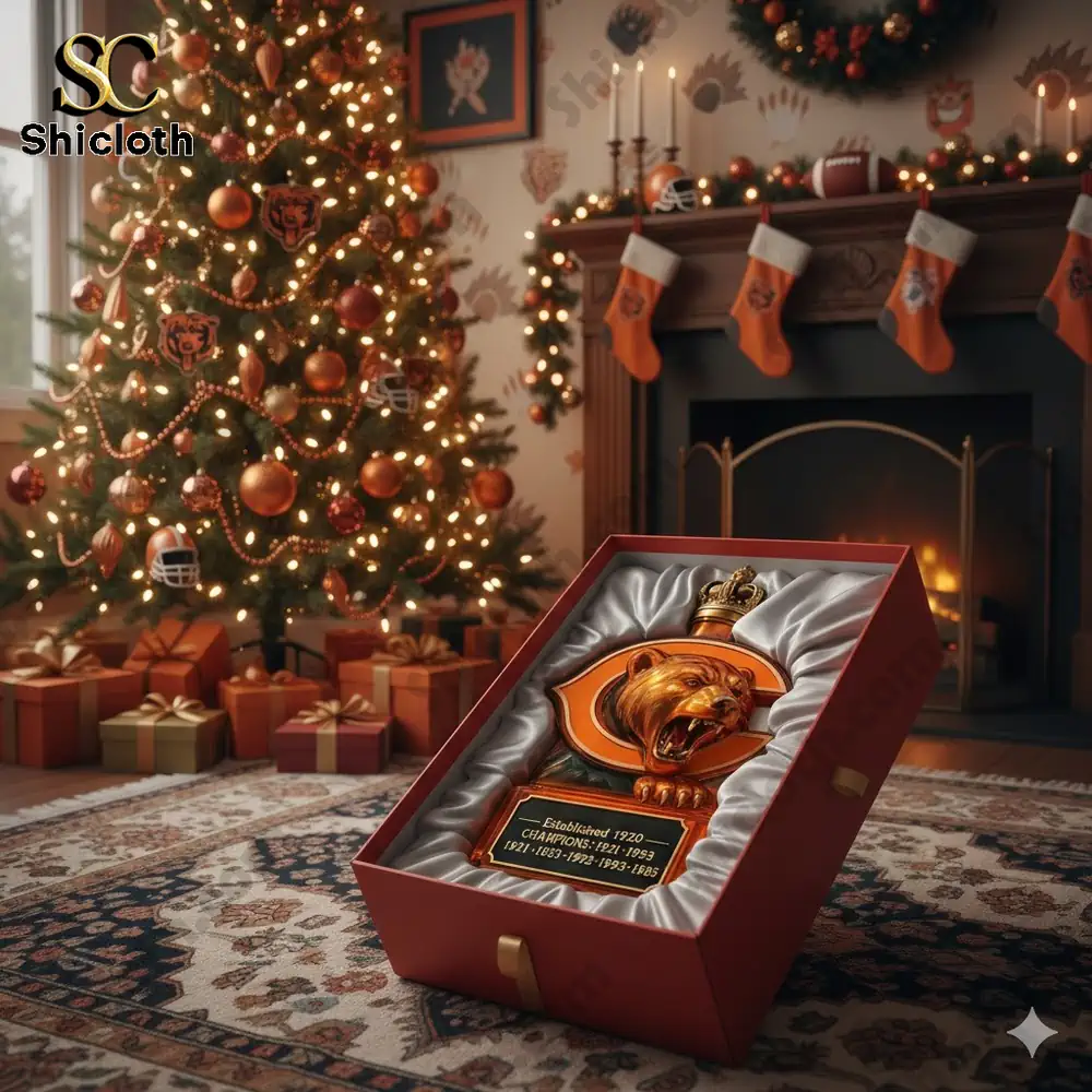 Christmas scene with a decorative bear themed bottle in a gift box from Shicloth