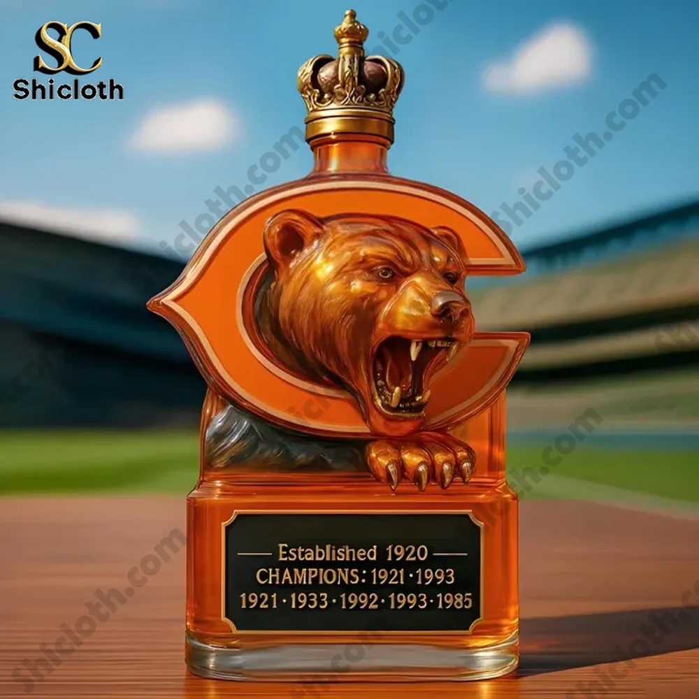 Chicago Bears NFL Champs Christmas Gift Whiskey Bottle 4 Bear crest bottle with crown top displayed in a stadium setting from Shicloth