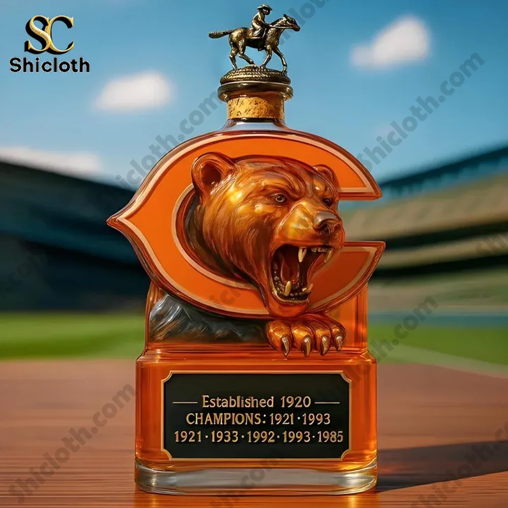 Chicago Bears NFL Champs Christmas Gift Whiskey Bottle 5 Bear crest bottle with horse rider top displayed in a stadium from Shicloth
