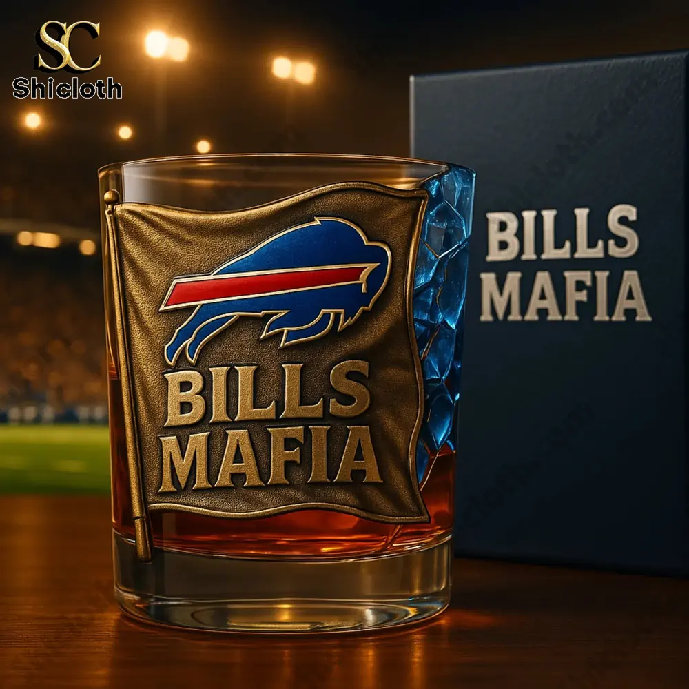 Bills Mafia glass with buffalo logo on wooden table!
