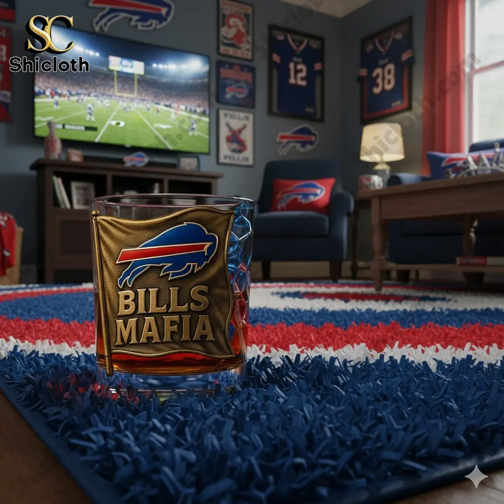 Bills Mafia glass in Buffalo Bills themed living room!