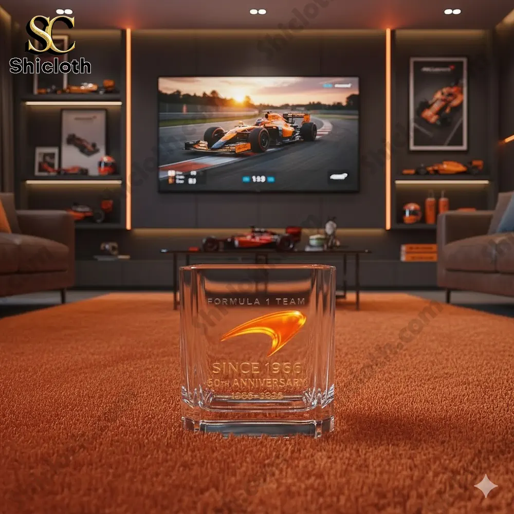 A commemorative Formula One team glass placed on a carpet in a racing themed living room with a race on a television screen