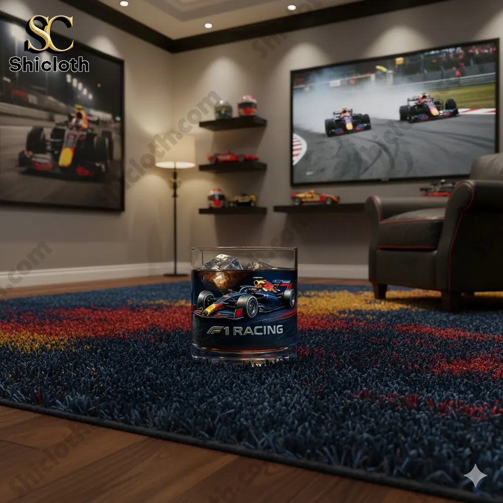 A glass with a racing car design on a rug in a room with racing decor and screens!