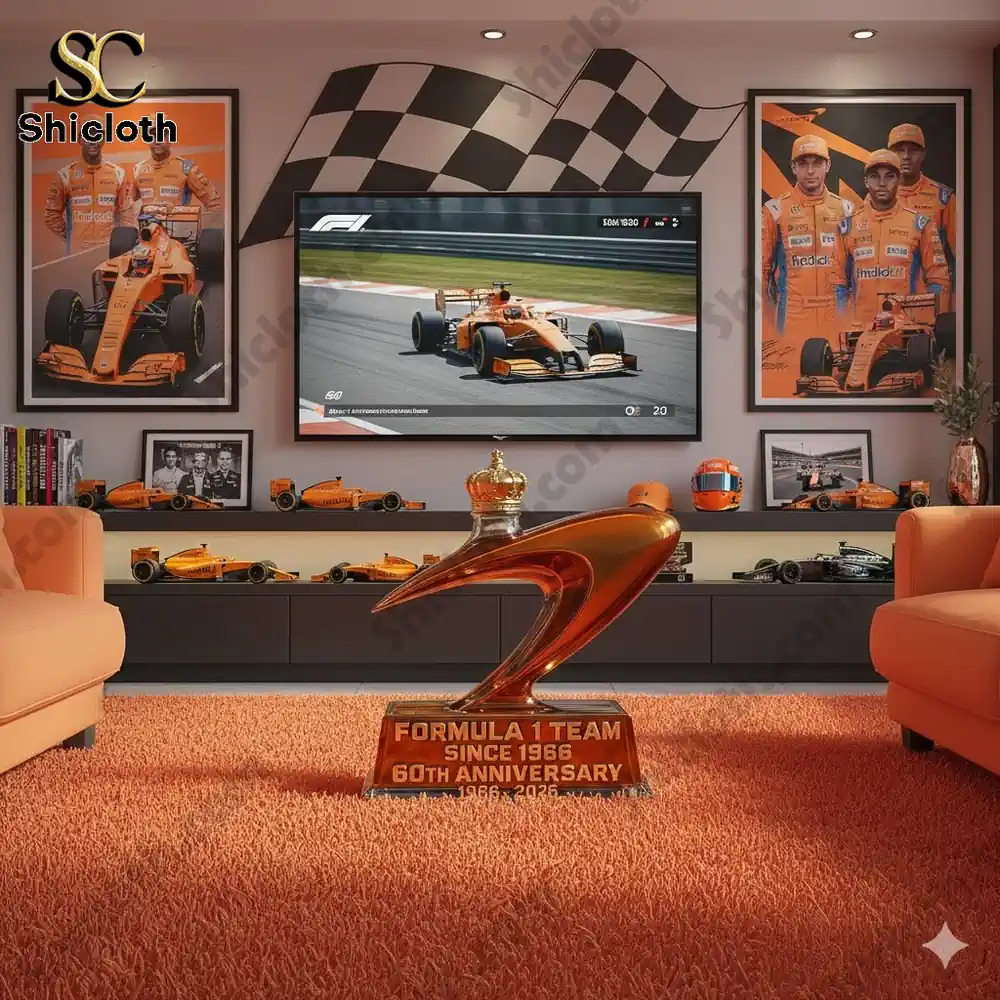 A living room filled with racing decor and a large anniversary trophy in the center.