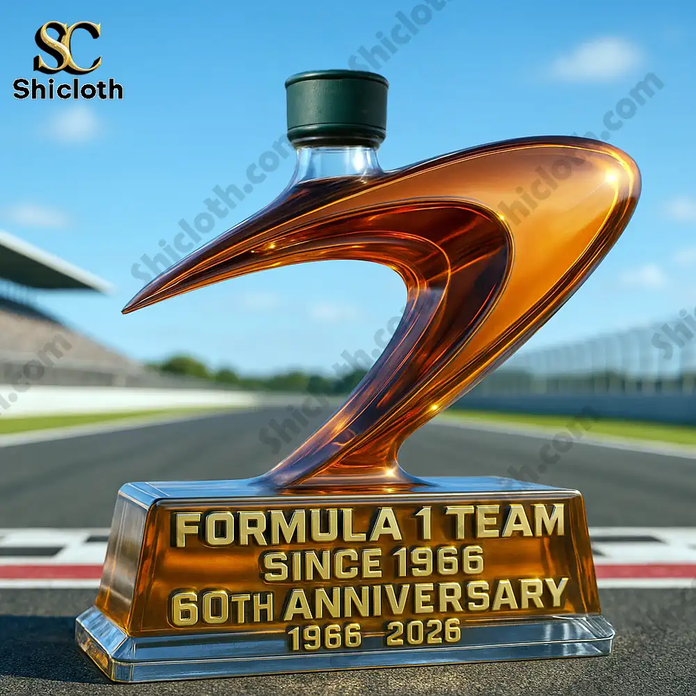 A trophy shaped racing whiskey bottle with a green cap on a racetrack.
