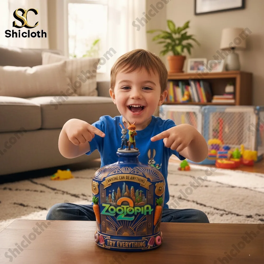 Happy child pointing at Zootopia themed decorative jar at home!
