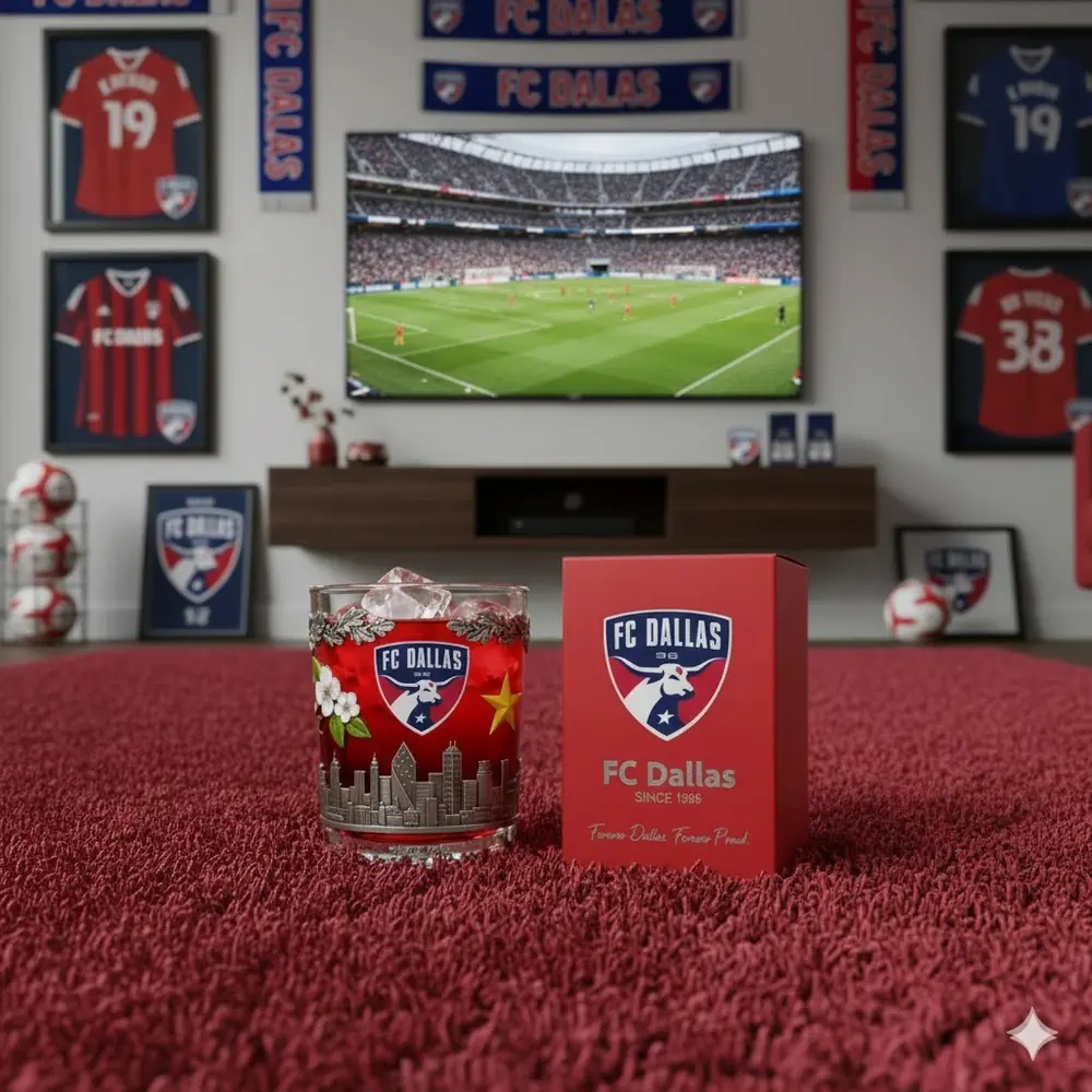 A glass with FC Dallas branding placed on a red carpet in a soccer themed room with team decor and a TV showing a match!