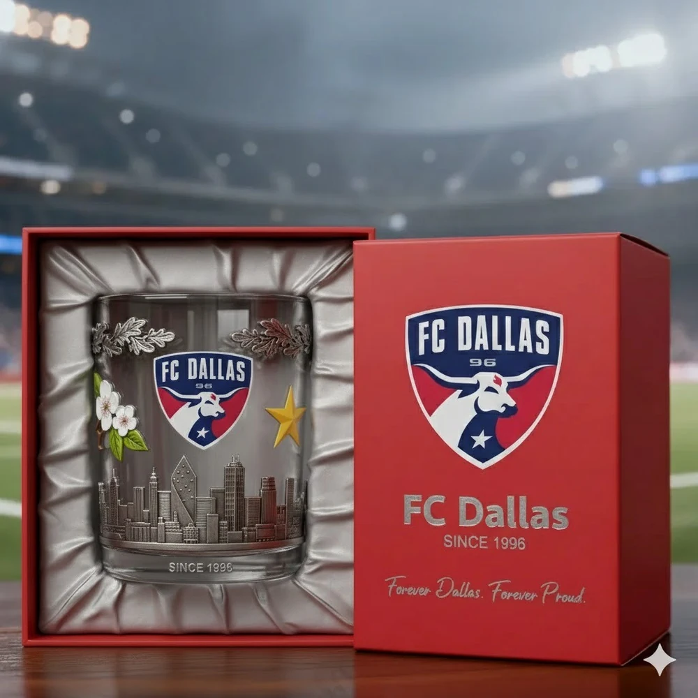 A boxed FC Dallas themed glass displayed in a stadium setting with detailed packaging!