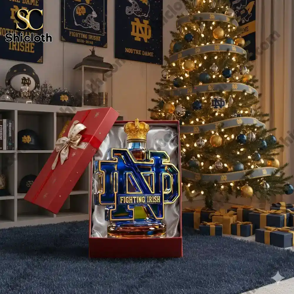 Gift box with a Notre Dame shaped whiskey bottle displayed near a decorated Christmas tree.