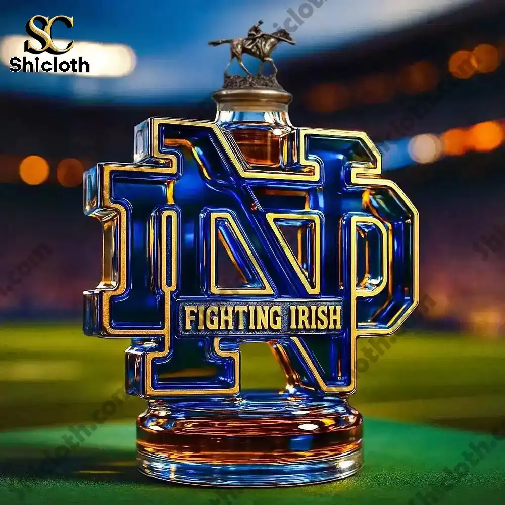 Notre Dame shaped whiskey bottle topped with a horse rider figure cap.