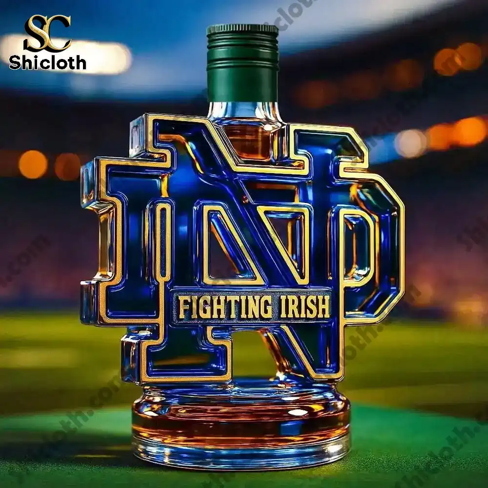 Fighting Irish Christmas Gift Whiskey Bottle 3 Notre Dame shaped whiskey bottle with a green cap.