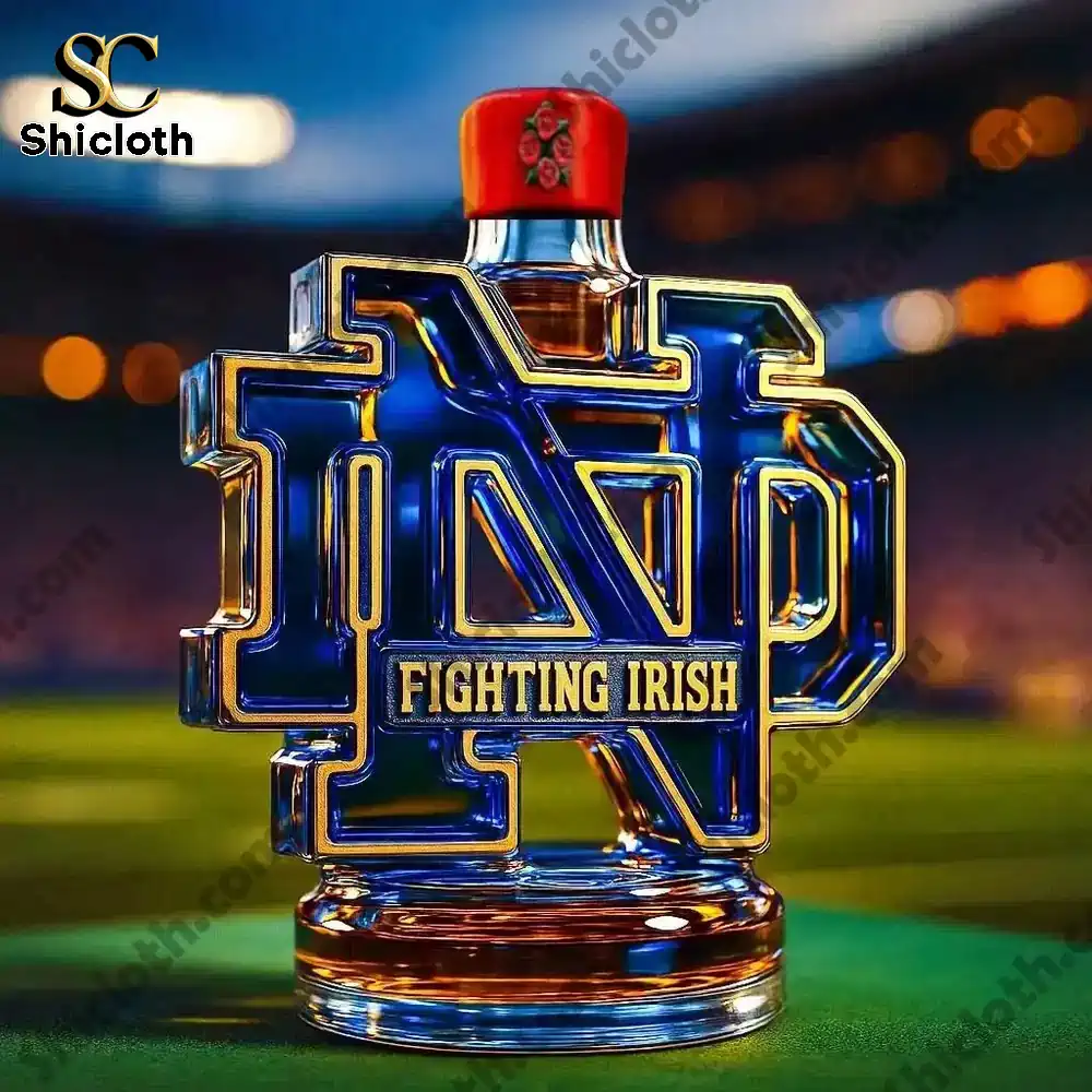 Fighting Irish Christmas Gift Whiskey Bottle 4 Notre Dame shaped whiskey bottle with a red floral cap.