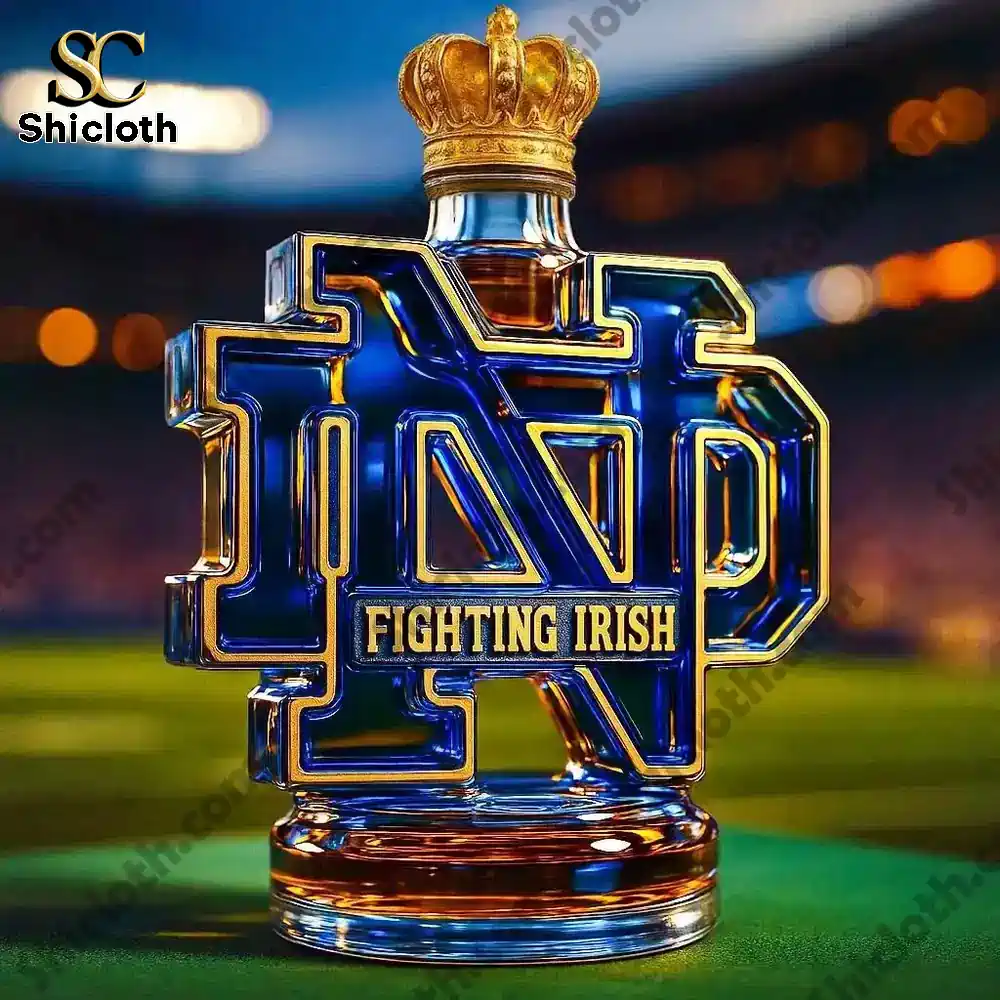 Fighting Irish Christmas Gift Whiskey Bottle 5 Notre Dame shaped whiskey bottle with a crown cap on a field background.
