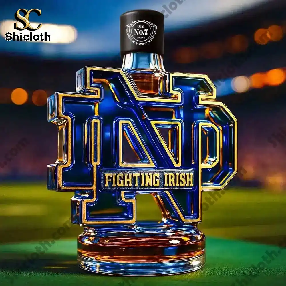 Fighting Irish Christmas Gift Whiskey Bottle 6 Notre Dame shaped whiskey bottle with a black Old No7 style cap.