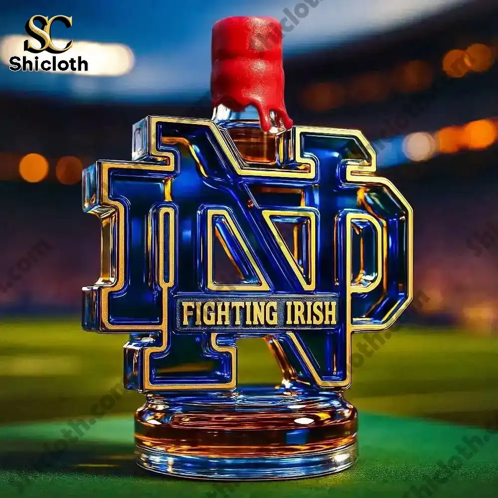 Fighting Irish Christmas Gift Whiskey Bottle 7 Notre Dame shaped whiskey bottle with a red wax dipped cap.