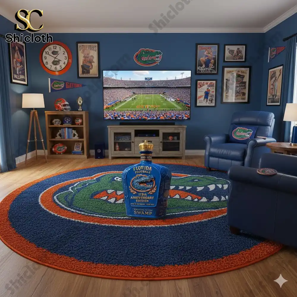 Florida football themed living room with blue collector bottle on gator rug!
