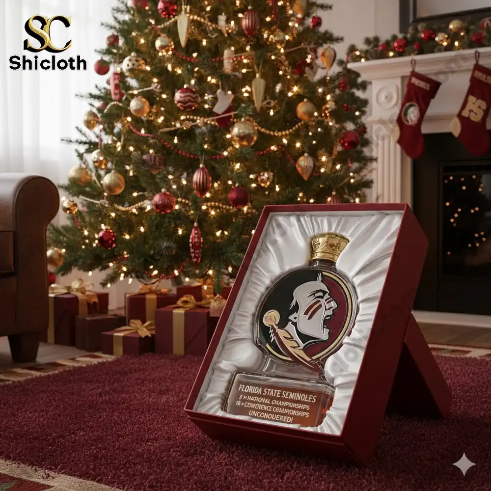 A decorative bottle shaped with the Florida State Seminoles logo displayed in a gift box near a Christmas tree.