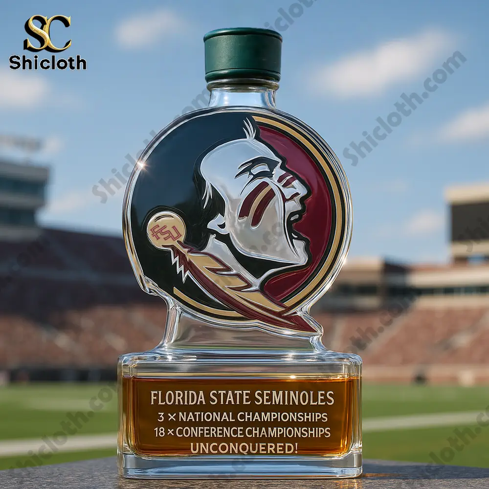 A Florida State Seminoles logo bottle with a green cap shown on a stadium field.