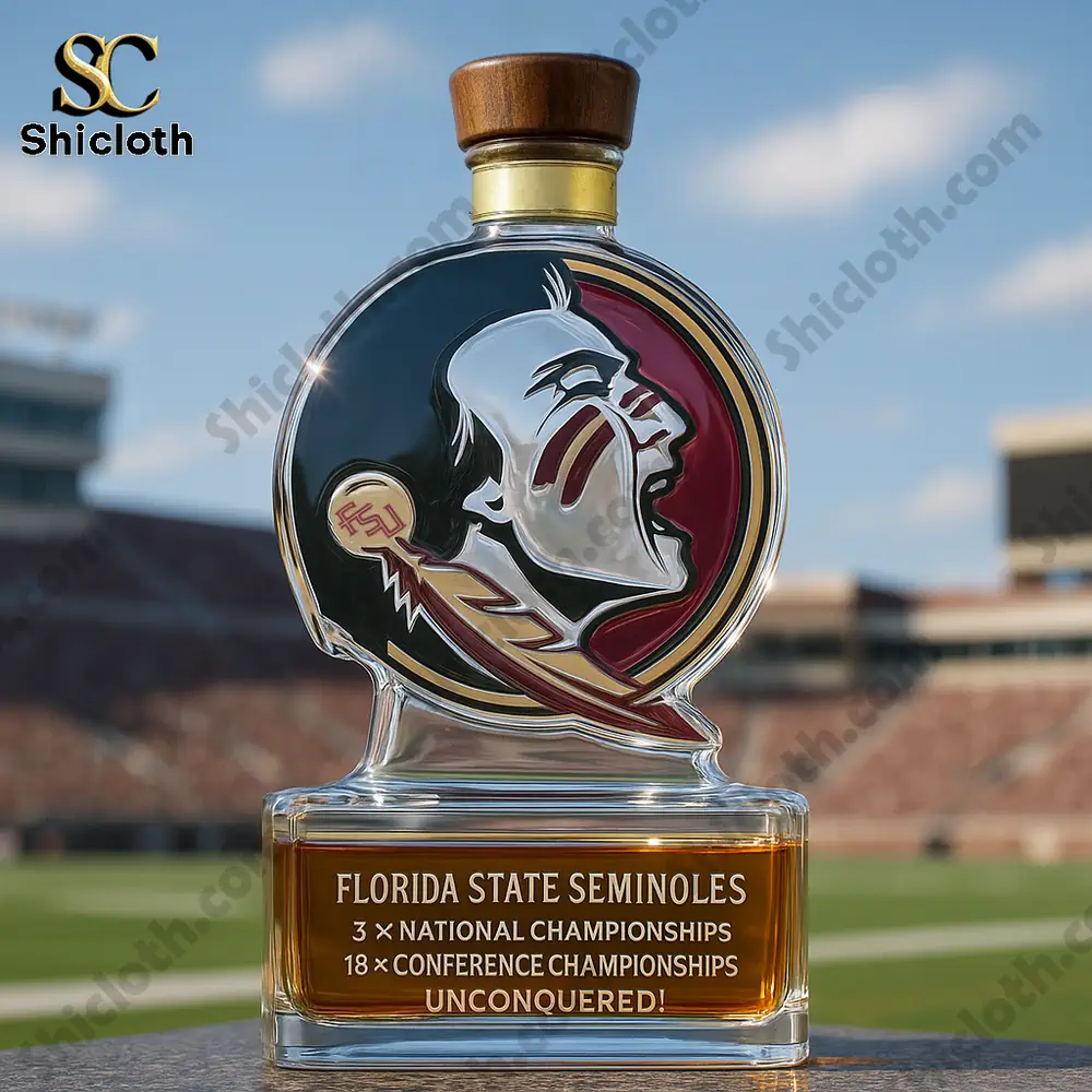 Florida State Seminoles Limited Edition Christmas Gift Whiskey Bottle 3 A Florida State Seminoles logo bottle with a wooden cap displayed in a stadium.