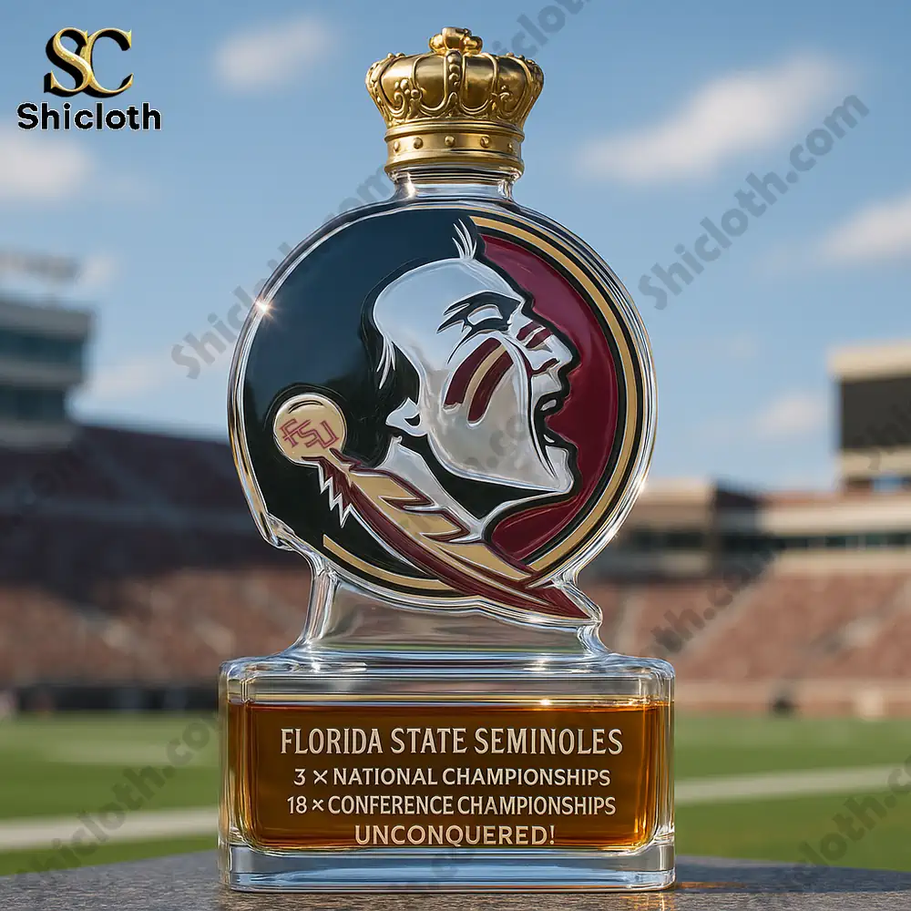 Florida State Seminoles Limited Edition Christmas Gift Whiskey Bottle 4 A Florida State Seminoles logo bottle with a crown top in a stadium setting.