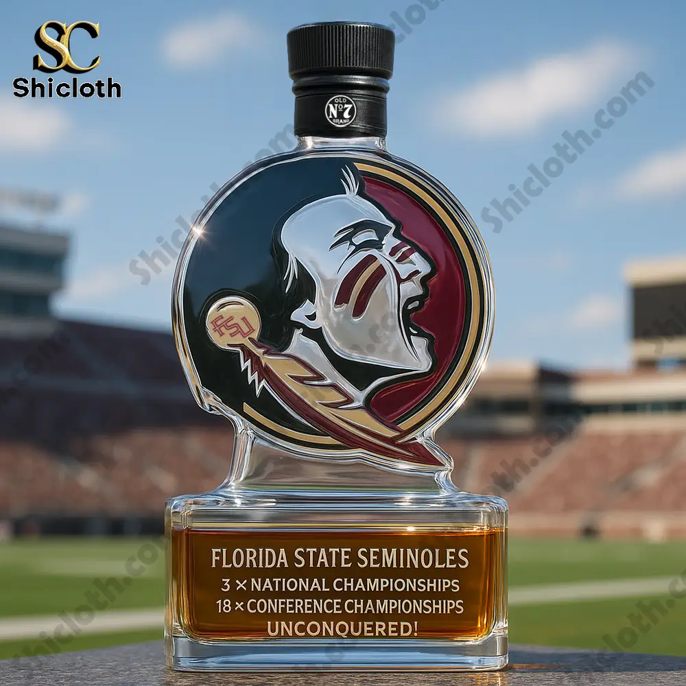 Florida State Seminoles Limited Edition Christmas Gift Whiskey Bottle 5 A Florida State Seminoles logo bottle with a black cap displayed outdoors.