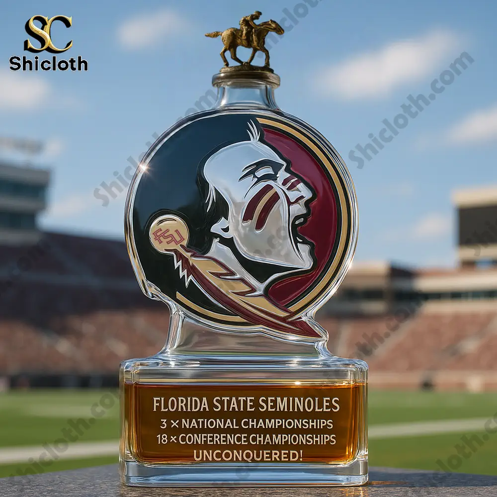 Florida State Seminoles Limited Edition Christmas Gift Whiskey Bottle 6 A Florida State Seminoles logo bottle with a horse figure cap on a stadium field.