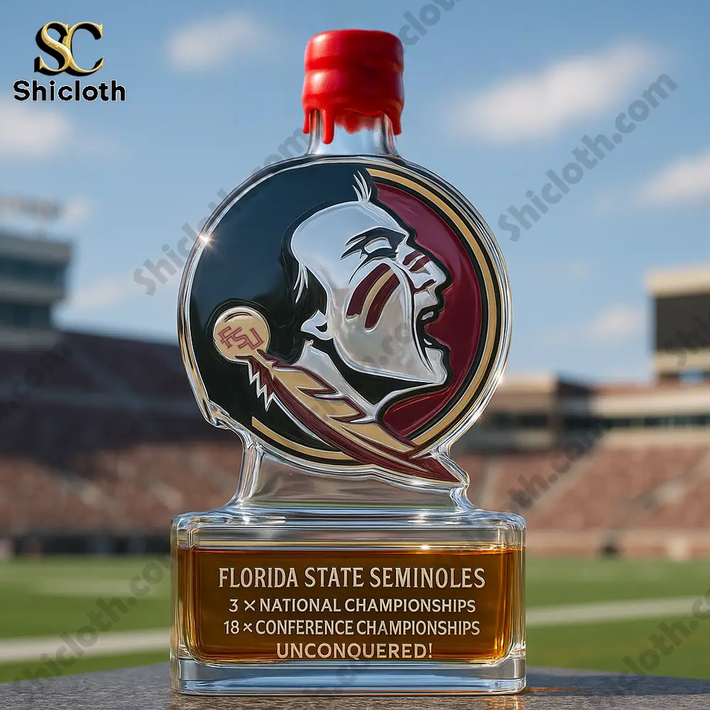 Florida State Seminoles Limited Edition Christmas Gift Whiskey Bottle 7 A Florida State Seminoles logo bottle with a red wax style cap in a stadium.