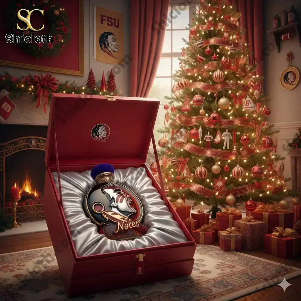 A decorative bottle shaped like the Noles logo displayed in a festive Christmas gift box.