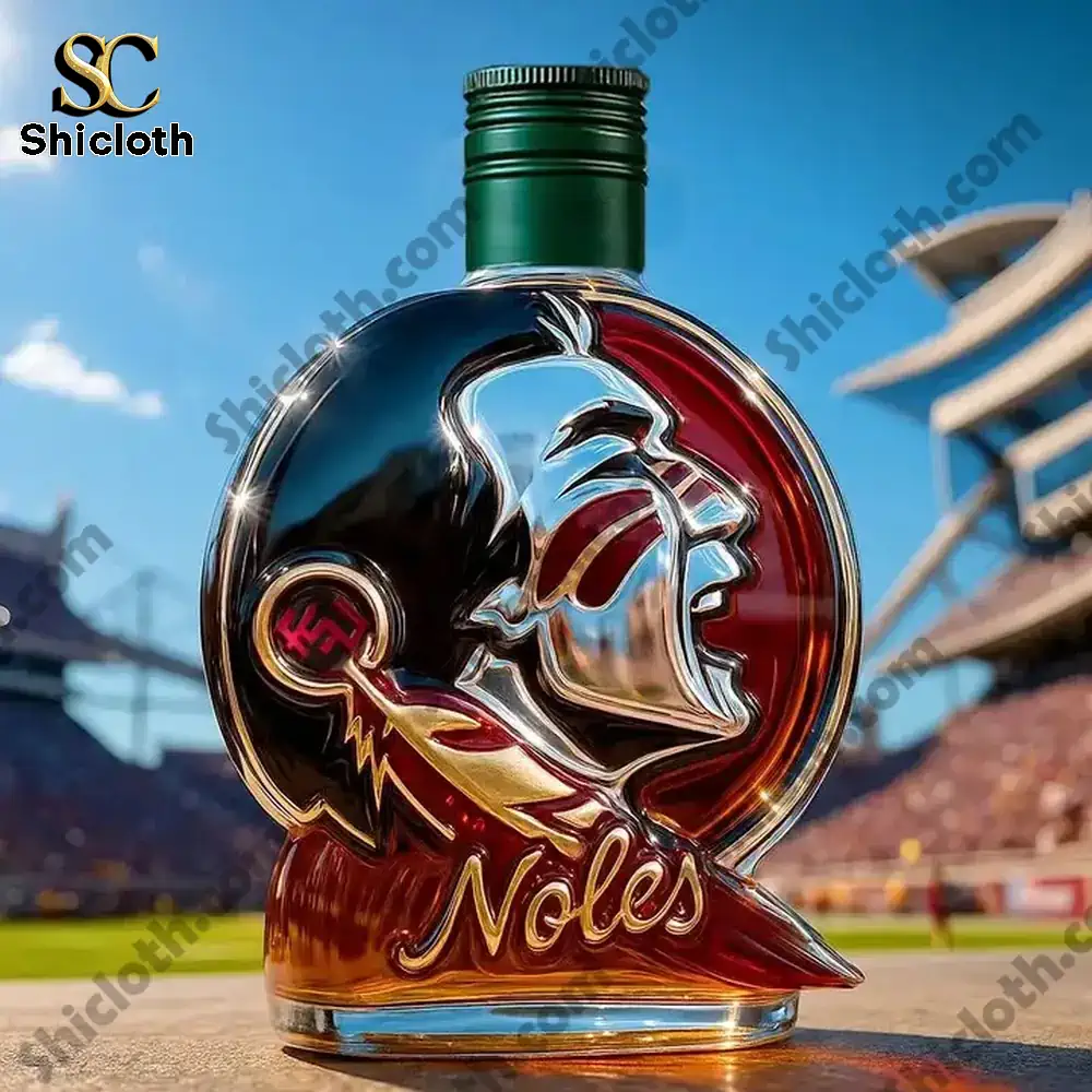 A Noles shaped bottle with a green cap placed before a stadium view.