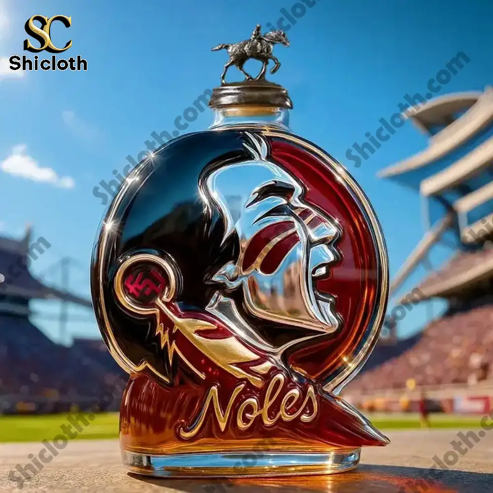 Florida State Seminoles Christmas Gift Whiskey Bottle 3 A Noles logo bottle with a horse figurine cap displayed near a stadium.