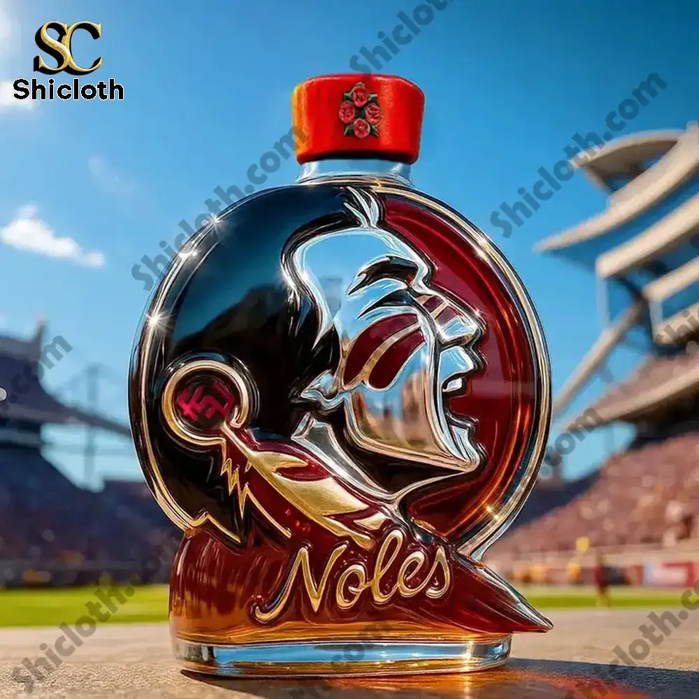 Florida State Seminoles Christmas Gift Whiskey Bottle 4 A Noles themed bottle with a floral decorated cap in front of a stadium.
