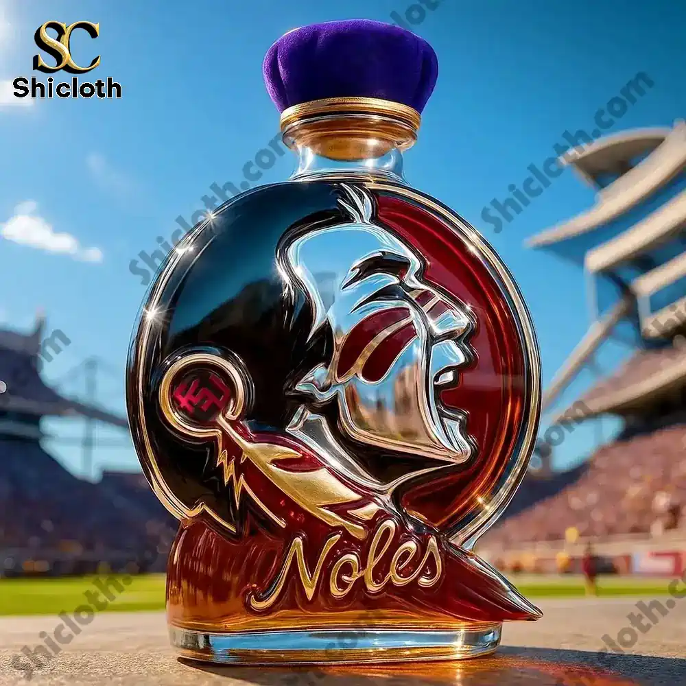 Florida State Seminoles Christmas Gift Whiskey Bottle 5 A Noles shaped bottle with a purple cap displayed in a stadium setting.