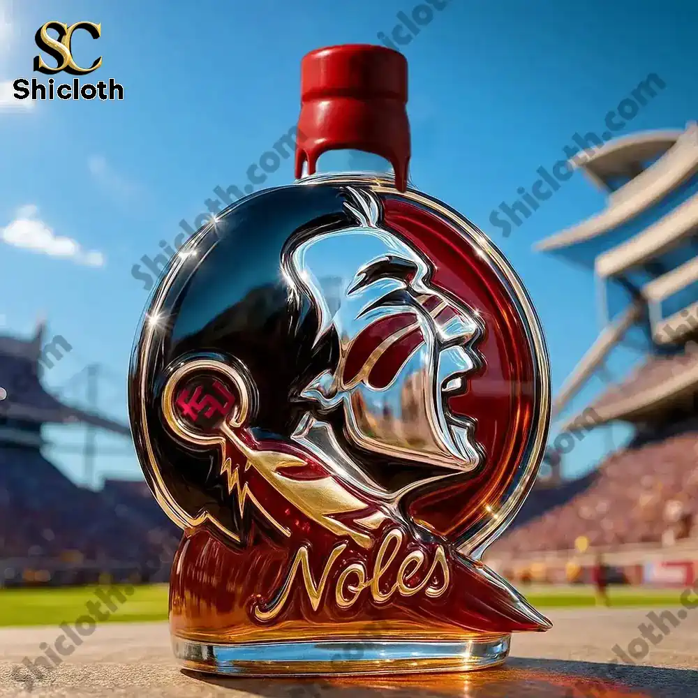Florida State Seminoles Christmas Gift Whiskey Bottle 7 A Noles logo bottle with a bright red cap set against a stadium backdrop.